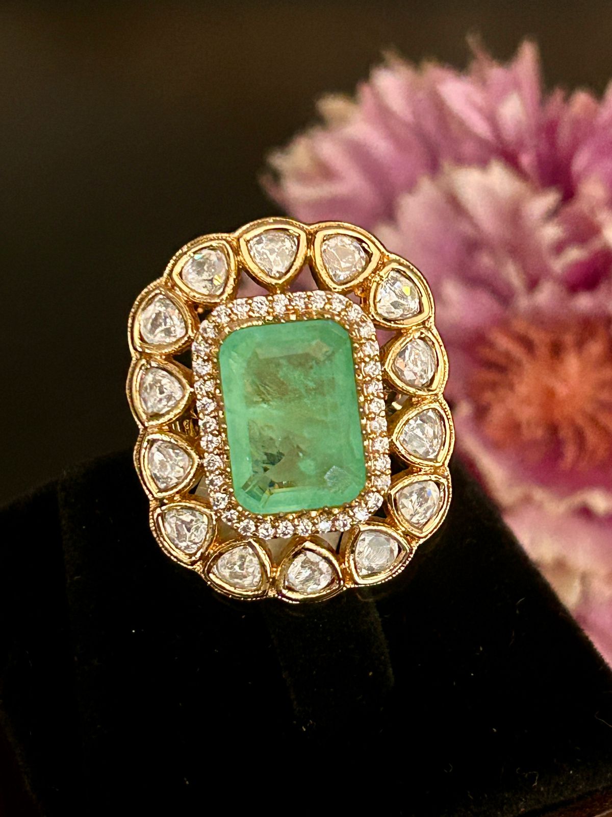 Royal Green Emerald & White Kundan Statement Ring – Adjustable Cocktail Ring